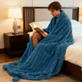 thumbnail image 4 of Throw Blanket, Super Soft 3D Ribbed Jacquard Bed Blanket for Couch, Lightweight Fuzzy Cozy All Season Use, Silky Flannel Decorative Throw -Blue, 78.7x59 Inches, 4 of 5
