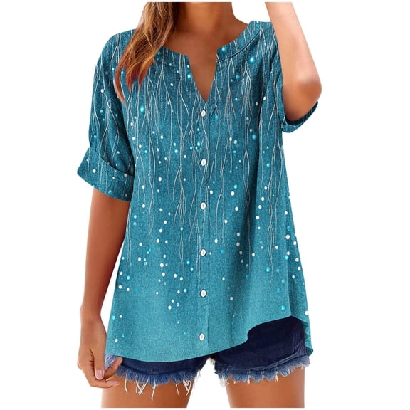 Cmfcve Women's Summer Tee Shirt Printed Short Sleeve Gauze Blouses V-Neck Stretchy Henley Button Shirts