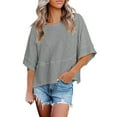 thumbnail image 1 of Blusa de manga media con cuello redondo lisa y casual para mujer: top de poliéster transpirable para el día a día o el trabajo, ligero y resistente a las arrugas, 1 of 5