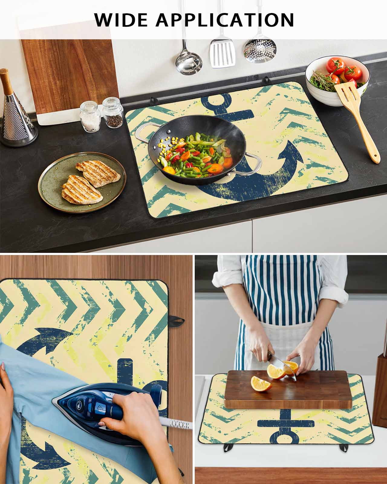 nqOlkjepod Large Induction Cooktop Protector Mat 24"x21", Anchor Nautical Stove Top Covers for Electric Stove, Green Yellow Wave Stripe Retro Stove Burner Cover Mats, Glass Top Stove Cover