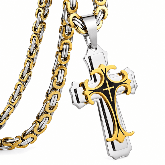 Chunky Stainless Steel Cross Necklace for Men, Byzantine Chain, Crucifix Pendant Necklace, Religious Jewelry Gift for Men