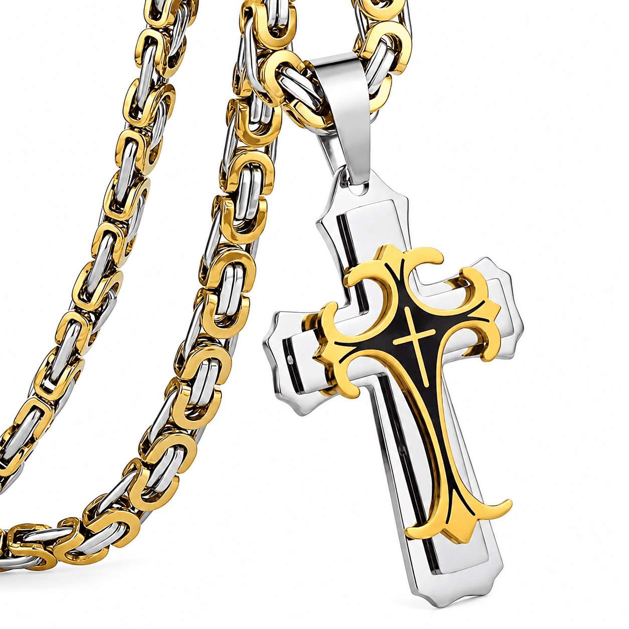 Chunky Stainless Steel Cross Necklace for Men, Byzantine Chain, Crucifix Pendant Necklace, Religious Jewelry Gift for Men