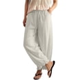 thumbnail image 2 of Only Moment Trendy Ruffle Flare Pant Legs Design Linen Pants Elastic Waist Pants Casual Loose Drawstring Summer Beach Travel Vacation Palazzo Harem Pants with Pockets White,L, 2 of 5