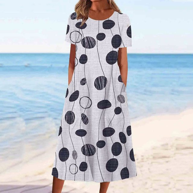 QJUHUNG Robe d'Été à Imprimé Floral Hawaïen pour Femmes, Manches Courtes, Robe Midi Fluide avec Poches, Coupe Ample, Tenue de Plage et de Villégiature
