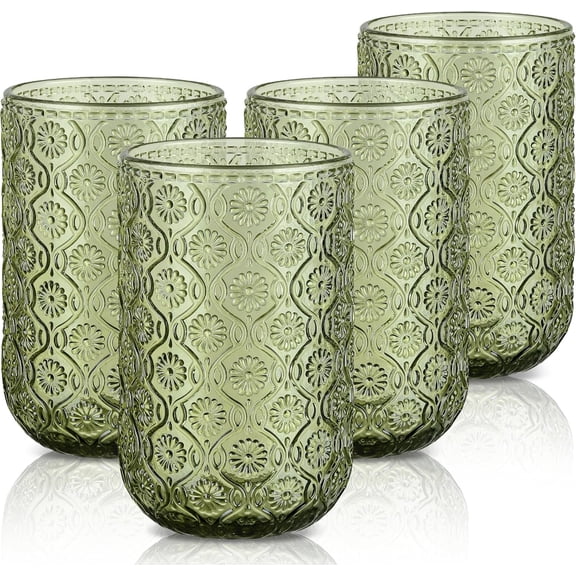 Vintage Green Drinking Glasses,Embossed Floral Highball Glass Water Tumbler,14 oz Colored Beverages Juice Cocktail Beer Wine Glassware Cups,Set of 4,Dishwasher Safe