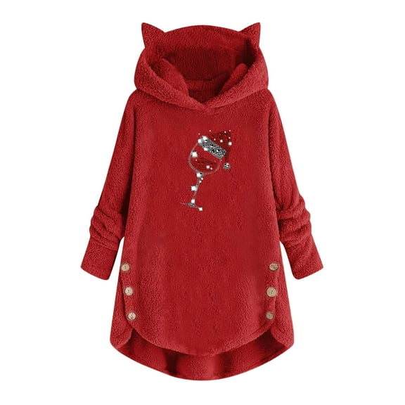 IROINNID Christmas Shirts for Women Christmas Plush Hooded Pullover Long Sleeve Winter Thermal Loose Fit Tops,Red