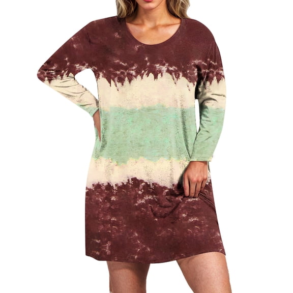 Aofany Women Long Sleeve Dress Casual Crewneck T Shirt Dress Solid Color/Tie-dye Plus Size Dresses for Women