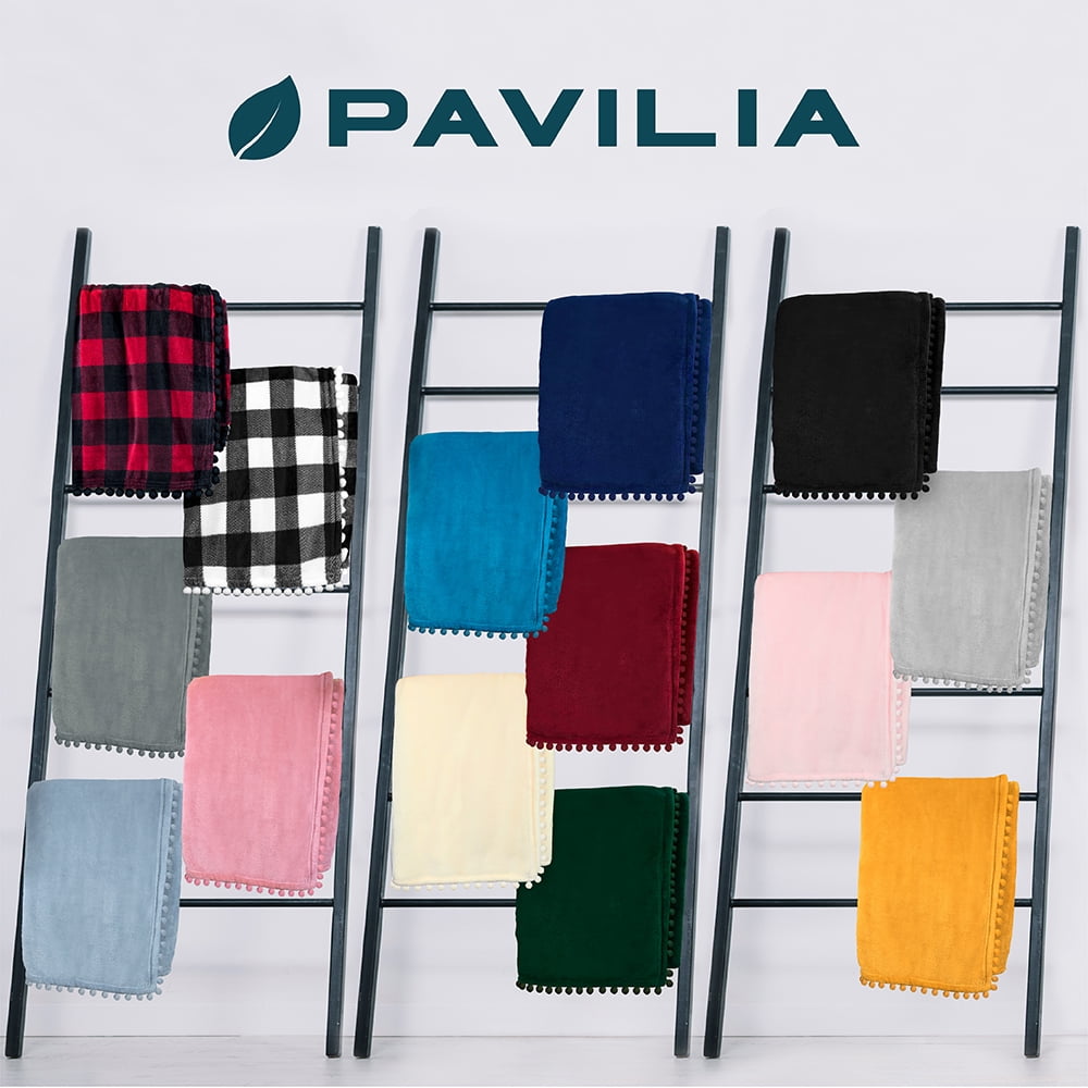 PAVILIA Fleece Throw Blanket for Couch with Pom Pom Fringe, Cream Beige, Soft Cozy Fuzzy Flannel Blanket for Sofa Bed, Lightweight Plush All Season Throw, 50x60 Inches
