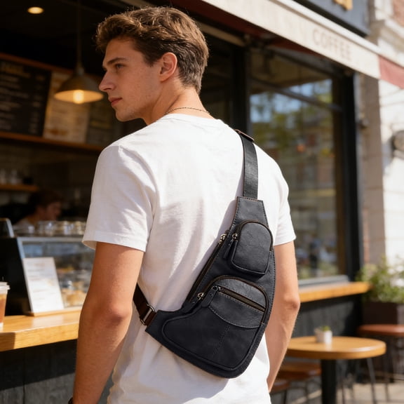 Halons Leather Chest Bag Waterproof Crossbody Sling Bag for Men Women | Adjustable Strap, Anti-Theft Shoulder Purse, PU Material, Coffee Brown Black | Travel Commuting Sports Street Fashion Organizer