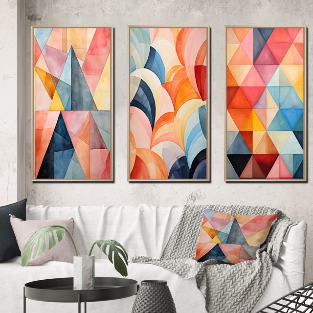 Designart "Symmetrical Pastels in the World of Hard-Edge V" Abstract Framed Wall Art Set Of 3 - Multi-Color Hard Edge Painting Frame Canvas Set For Living Room Decor