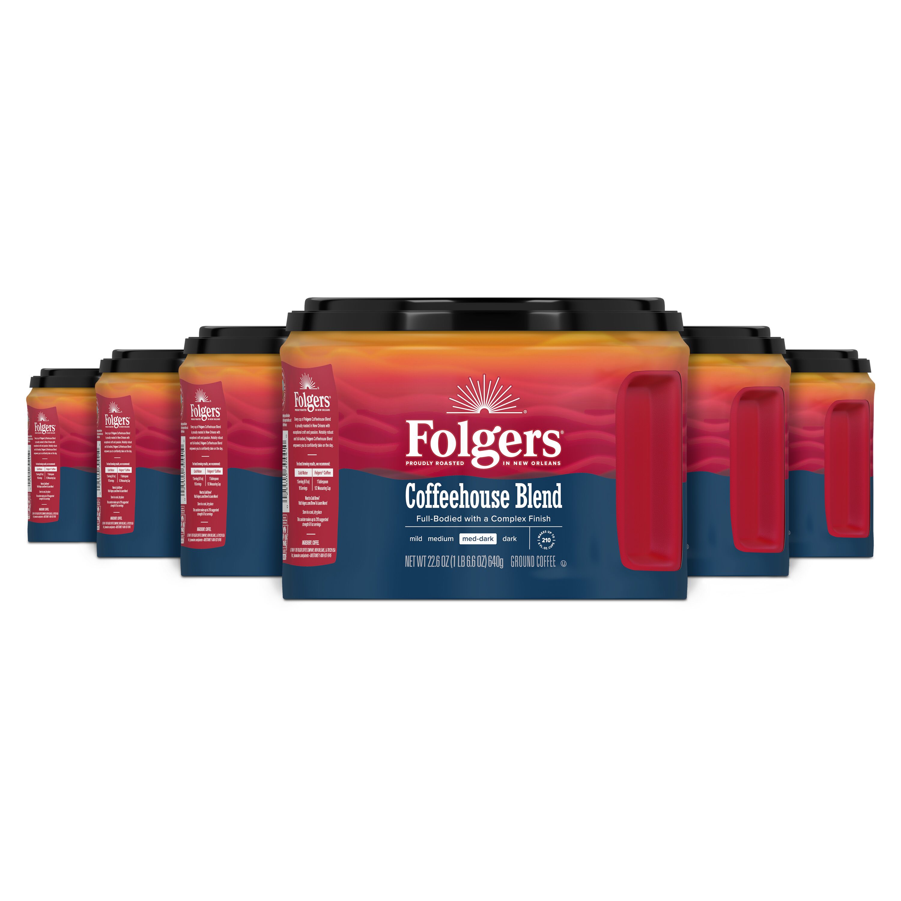 (6 pack) Folgers Coffeehouse Blend Ground Coffee, Medium Dark Roast, 22.6 oz Canister