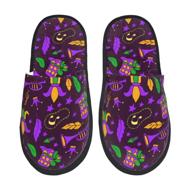 Fotbe Mardi Gra2 Pantuflas Peludas para Mujer con Estampado, Zapatillas de Peluche, Zapatos de Invierno para Casa, Uso Interior y Exterior-Large