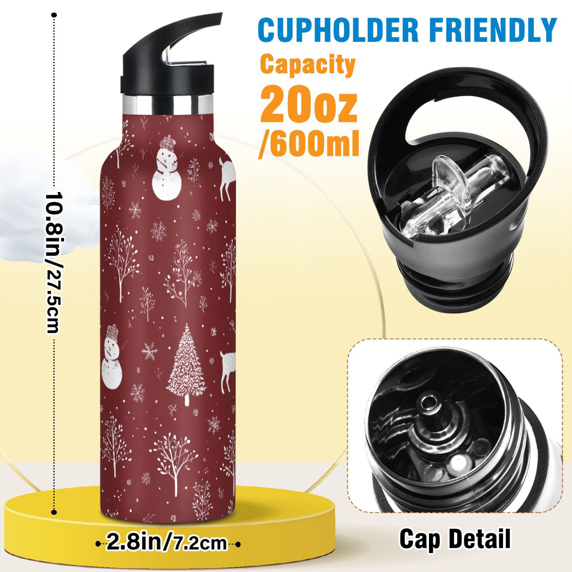 600ML Stainless Steel Insulated Cup Sports Water Bottle Portable Thermos Cup Water Glasses Insulated Tumblers Convenient and Durable Seamless Christmas Elements