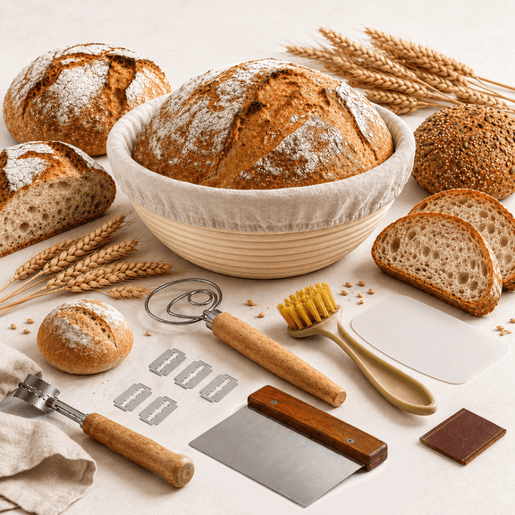 9 Inch Round Sourdough Proofing Basket, 7-Piece Baking Kit with Linen Liner & Tools, Bread Baking Supplies Gift Set
