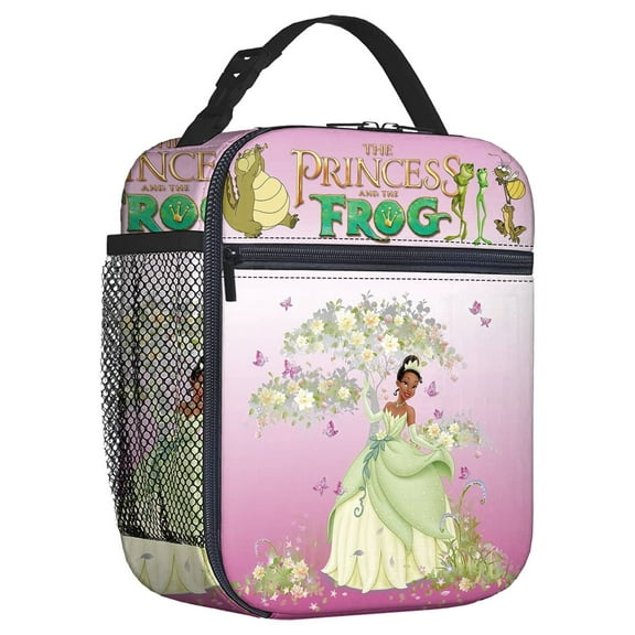 For Princess Tiana and the Frog Cartoon Theme Insulated Lunch Bag Reusable Water Resistant Cooler Tote, with Mesh Side Pocket, Zipper, Lunch Box Size 8.66x4.33x10.24 Inch for Camping, Trips, Picnics