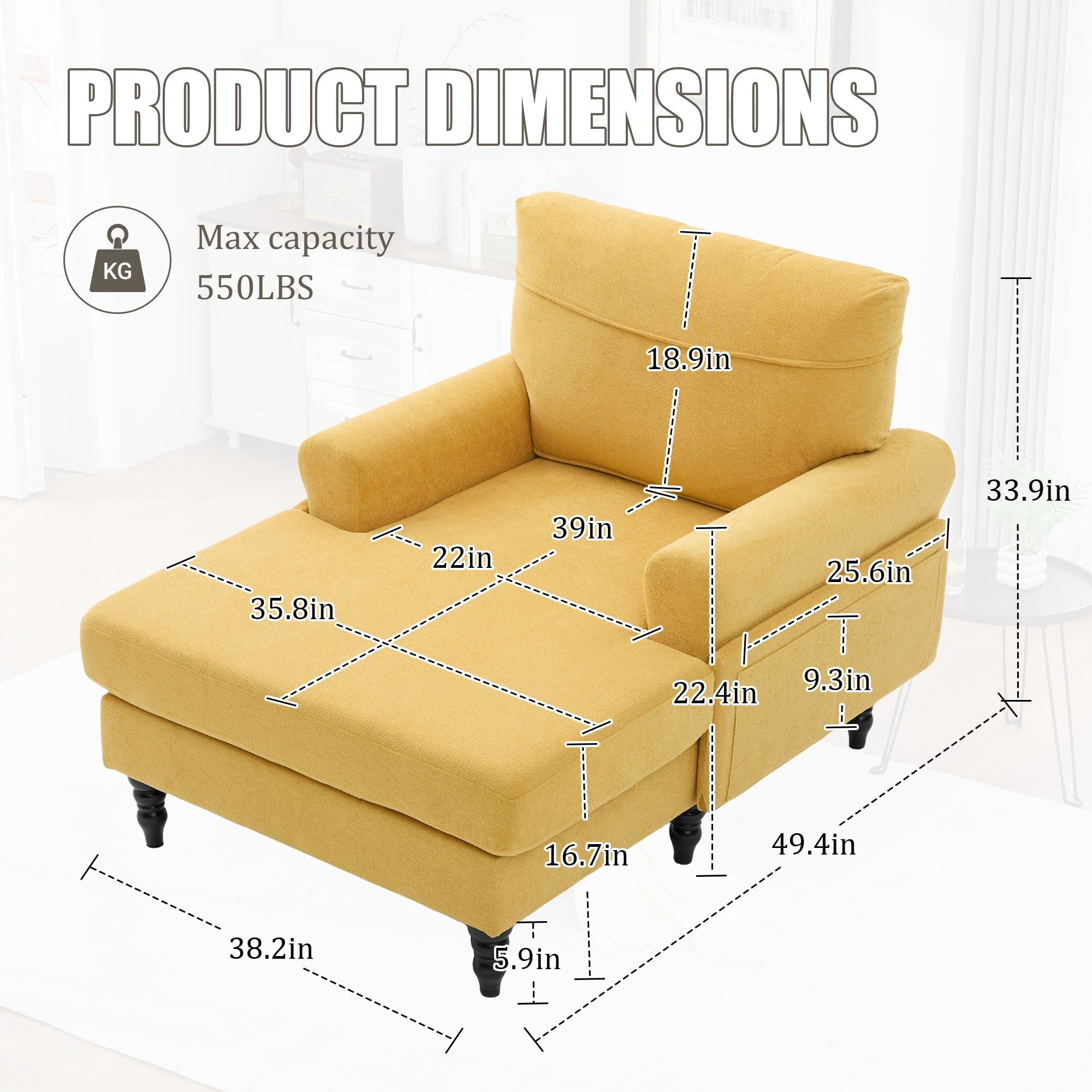 Sailvan Modern Chenille Chaise Lounge Indoor Recliner Chair Single Sofa with Storage Pocket & Solid Wood Legs Mustard yellow