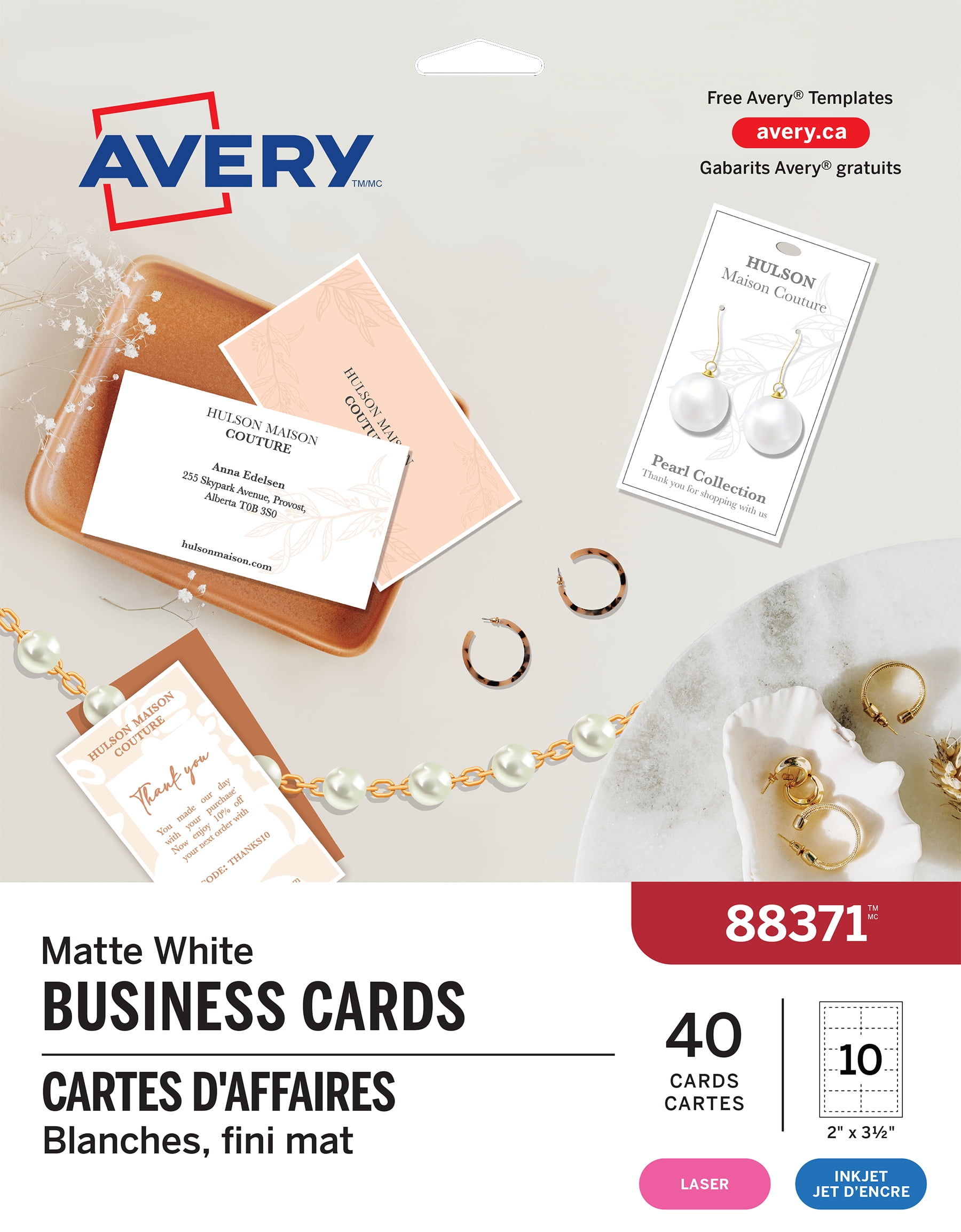 AVERY CARTES D'AFFAIRES, 2"x3-1/2", BLANHES, FINI MAT,  POULASER/JET D'ENCARE,10 CARTES/FEUILLE, 4 FEUILLES/PAQUET