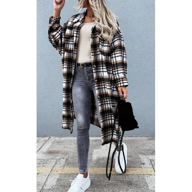 FOCUSNORM Women Shacket Button-down Shirt, Irregular Plaid Print Long Sleeve Lapel Outerwear