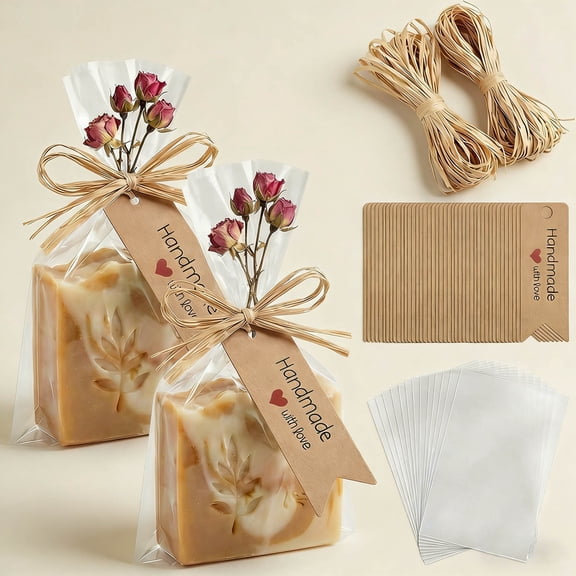 Clear Cellophane Bags with Raffia Rope & Handmade Tags for Packaging Soap Cookies Candy, Goodie Bag Wrappers for Wedding Christmas Craft Gift Party Baking Favor Supplies (Brown Tags)