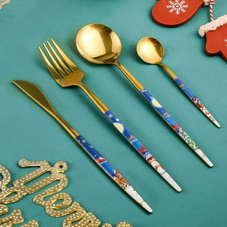 

4pcs/set Christmas Matte Gold Silverware Stainless Steel Cutlery Flatware Set Kitchen Utensil Sets Tableware With Knife Spoons And Forks Set Satin Finished Polished Dishwasher Safe
