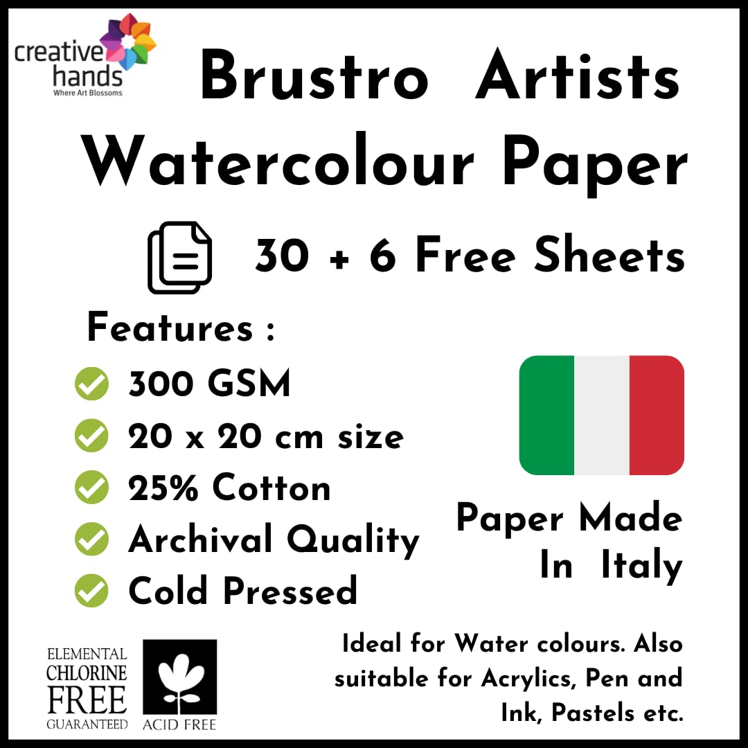 Brustro Watercolour Paper, 25% Cotton, 20 X 20 Cm, Cold Pressed 300 Gsm (Pack Of 30+6)