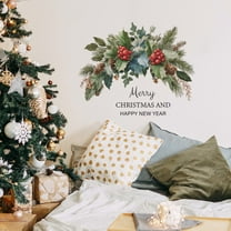 Removable Christmas Wreath Wall Stickers - Green Leaves, Pinecones, And Red Berries Pattern Decals for Home, Office, And Glass Holiday Decor