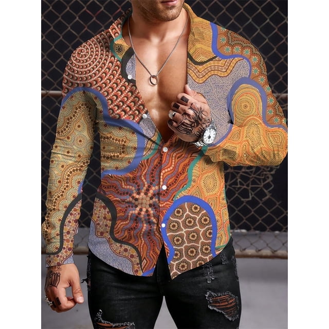 Camisas de manga larga con estampado retro para hombre, ropa de tendencia étnica, camisetas casuales de manga larga para exteriores de temporada para hombre, camisetas grandes para hombre
