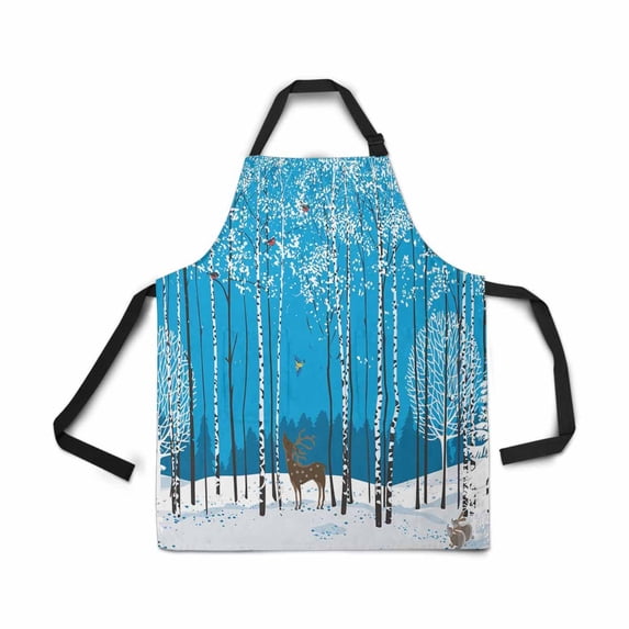 ASHLEIGH Birch Tree Winter Forest Christmas Apron for Women Men Girl Chef with Pocket Bullfinch Different White Blue Unisex Adjustable Bib Apron Kitchen for Cooking Baking Gardening Home