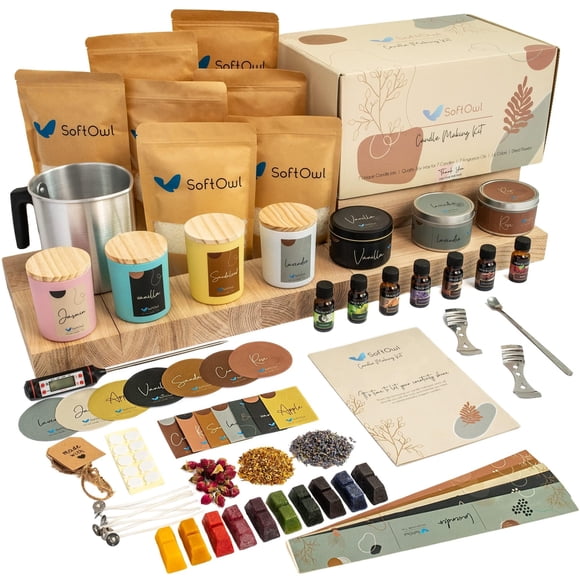 SoftOwl Kit de fabricación de velas de soja premium – Juego completo – Tarros y latas grandes de cera de soja de 7 oz, 7 aromas agradables, tintes de color y más – Perfecto como decoración del hogar –