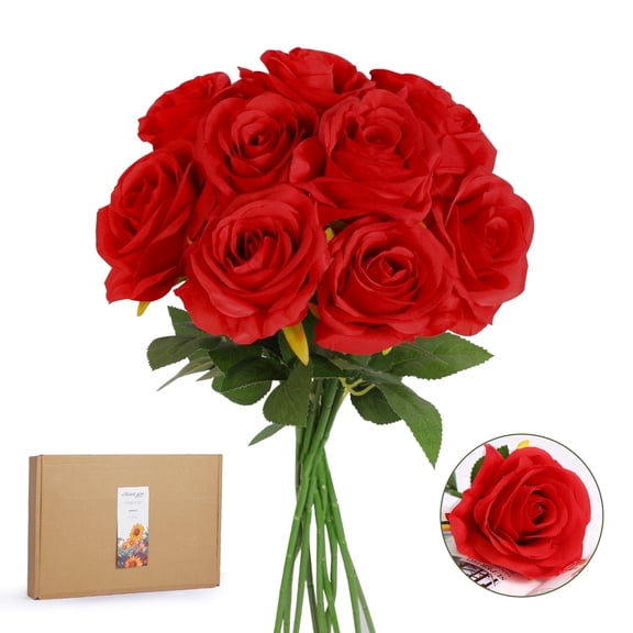 ZUVYRO 20PCs Realistic Red Roses Artificial Silk Flowers with Long Stems, Real Touch Fake Red Roses Bulk for Arrangement Wedding Party Home Table Decor, DIY Bouquet