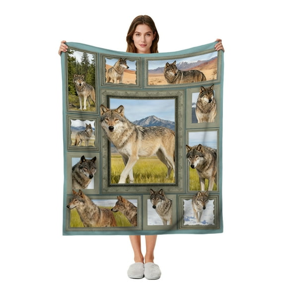 Cozy Wolf Blanket Flannel Throw Soft Warm Fuzzy with Stunning Wolf Artwork in Framed Collage Style, Ideal Gift for Wildlife Fans, Nature Lovers, and Cabin Decor - 60"x50"