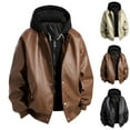 thumbnail image 3 of Rutainlusire Mens Fashion Hooded Leather Jackets 2025 Men's Solid Color Leather Jacket Fashionable Leather Long Sleeved Hooded Fake Two-piece Leather Jacket, 3 of 4