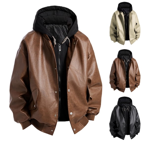 Men Faux Leather Bomber Jacket Long Sleeve Button Down Casual Coat Loose Vintage Fall Winter Streetwear Outerwear