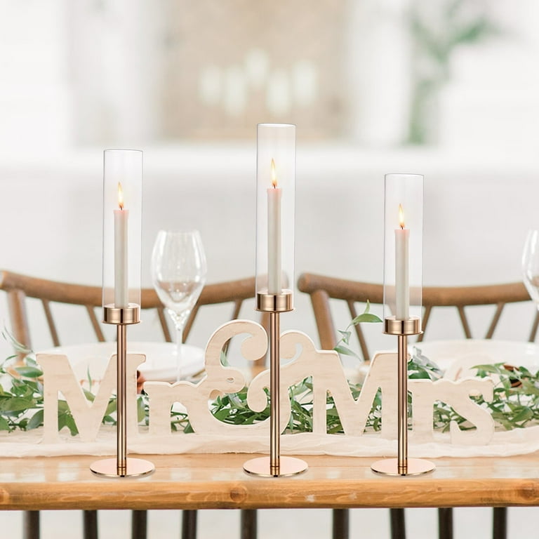 Topchances Glass Hurricane Candle Holders For Taper Candles, Set Of 3 Tall Taper Candlestick Holder For Christmas Mantel Fireplace, Wedding Table Centerpiece (Rose Gold