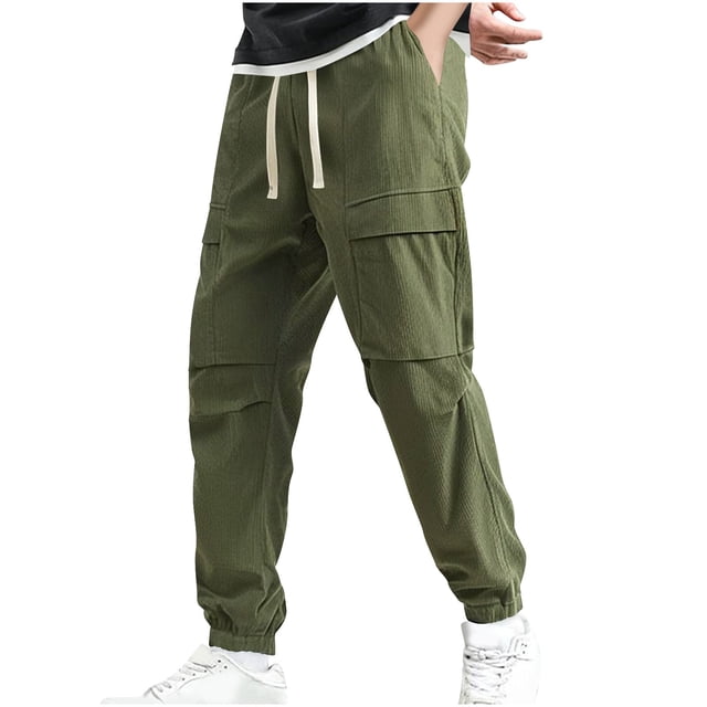 Dagugfen Cargo Pants for Men Drawstring Elastic Waist Baggy Solid Color Jogger Sports Pants Pockets