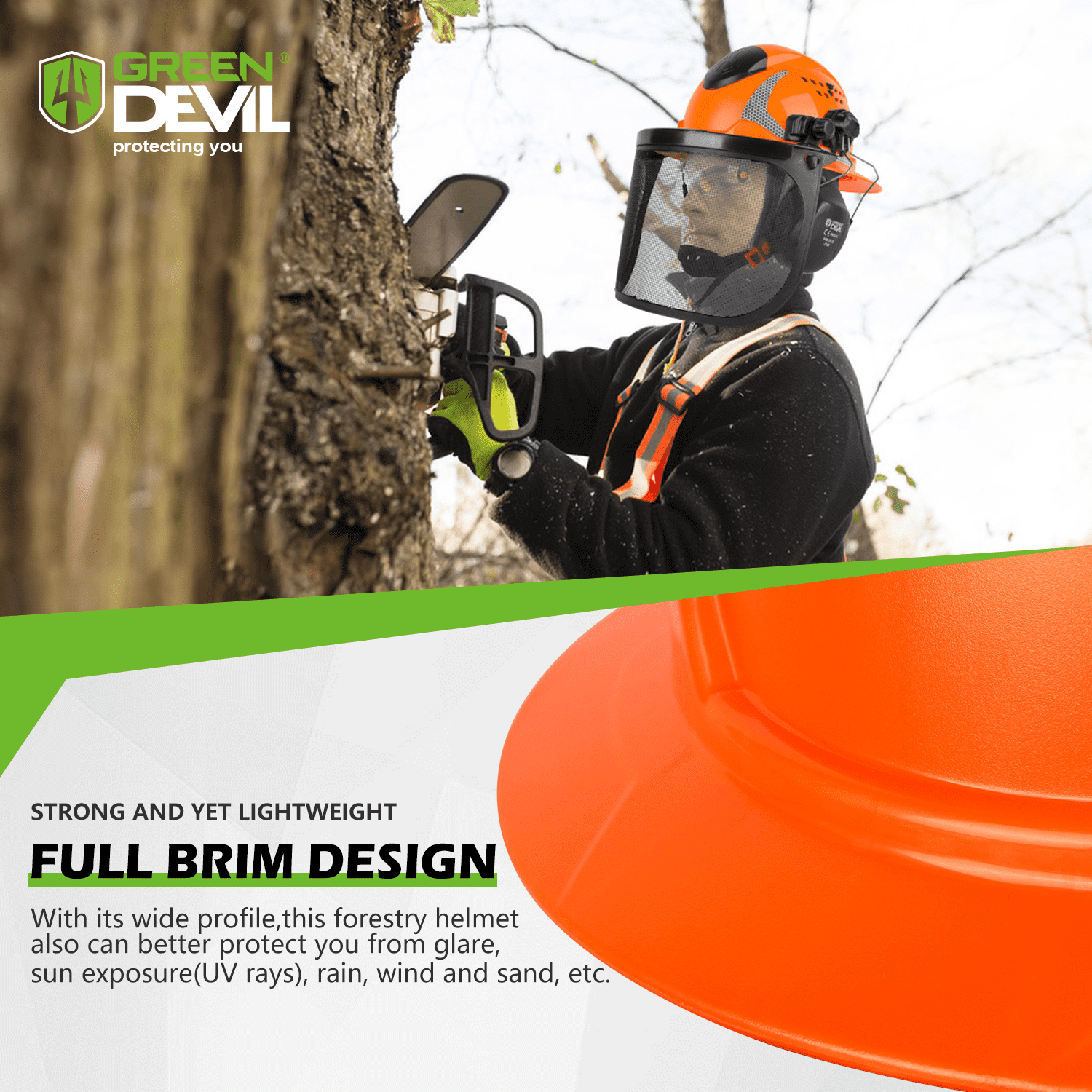 GREEN DEVIL Industrial Chainsaw Helmet with Face Shield Built in Visor and Ear Muffs 4 in 1 System ANSI Z89.1 Full Brim Safety Hard Hat Adjustable Headgear Ideal for Forestry and Arborist Work