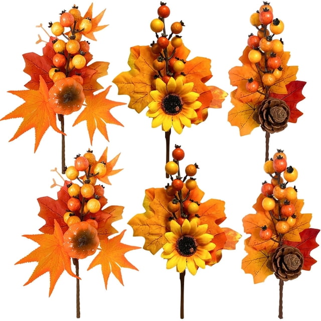 Paquete de 6 palitos artificiales de bayas otoñales con piñas, girasoles, calabazas, hojas de arce, ramas, decoraciones para la cosecha otoñal, coronas del Día de Acción de Gracias, decoración para