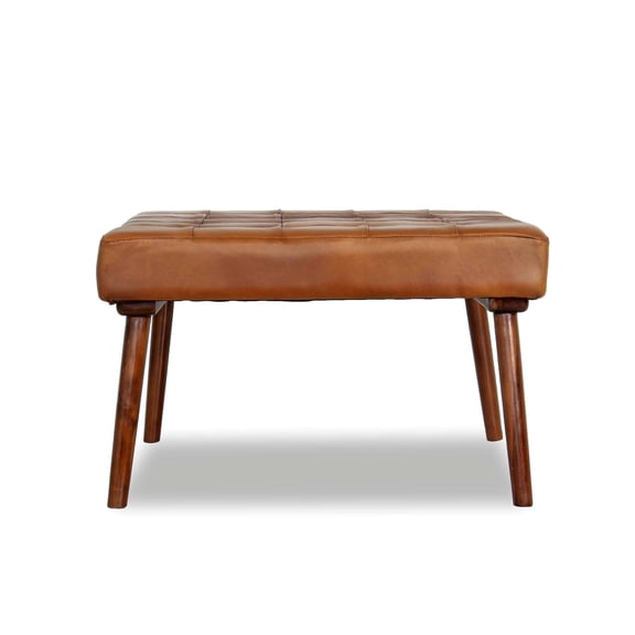Tufted Leather Ottoman with Brown Wood Legs / Perfect for Cozy Living Room