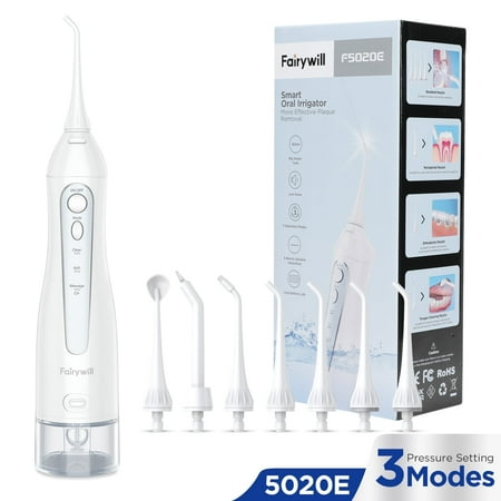 Fairywill Cordless Water Flosser Dental Oral Irrigator Teeth Cleaner with 300ML 7 Jet Tips Portable and Rechargeable IPX7 Waterproof 3 Modes , Electric Flosser for Travel & Home White