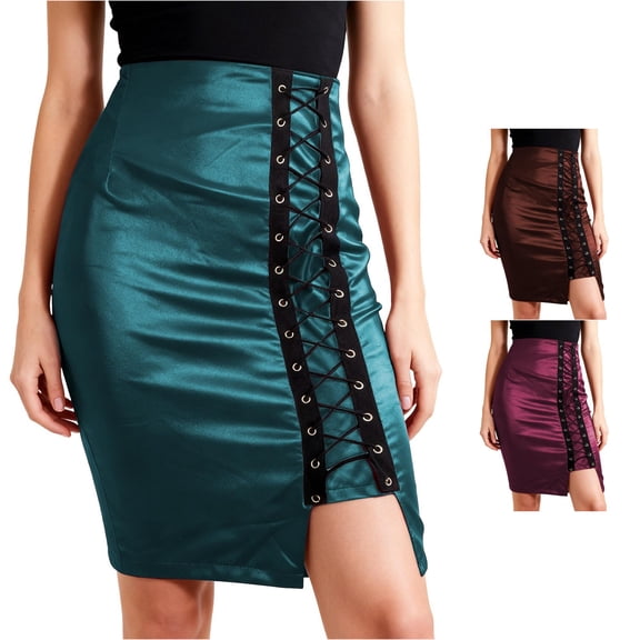 Wxolcjlv Womens Satin Midi Skirt High Waist Lace‑Up Slit Party Date Skirts