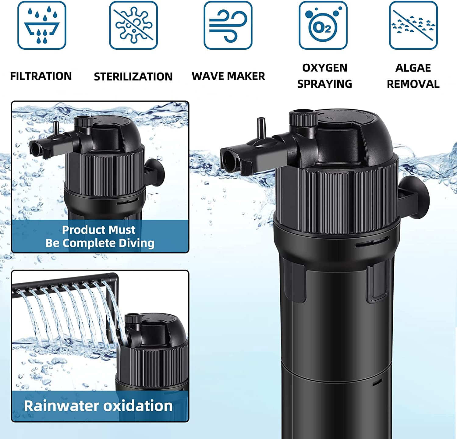 Aquarium Filter U-V Light 5 in 1 Fish Tank Filter, Tawatiler 210 GPH Green Water Cleaning Filter Pump with Timer, Dual Mode (Aeration/Rainfall) for 40-200 Gallon Aquariums (10W U-V+8W Pump)