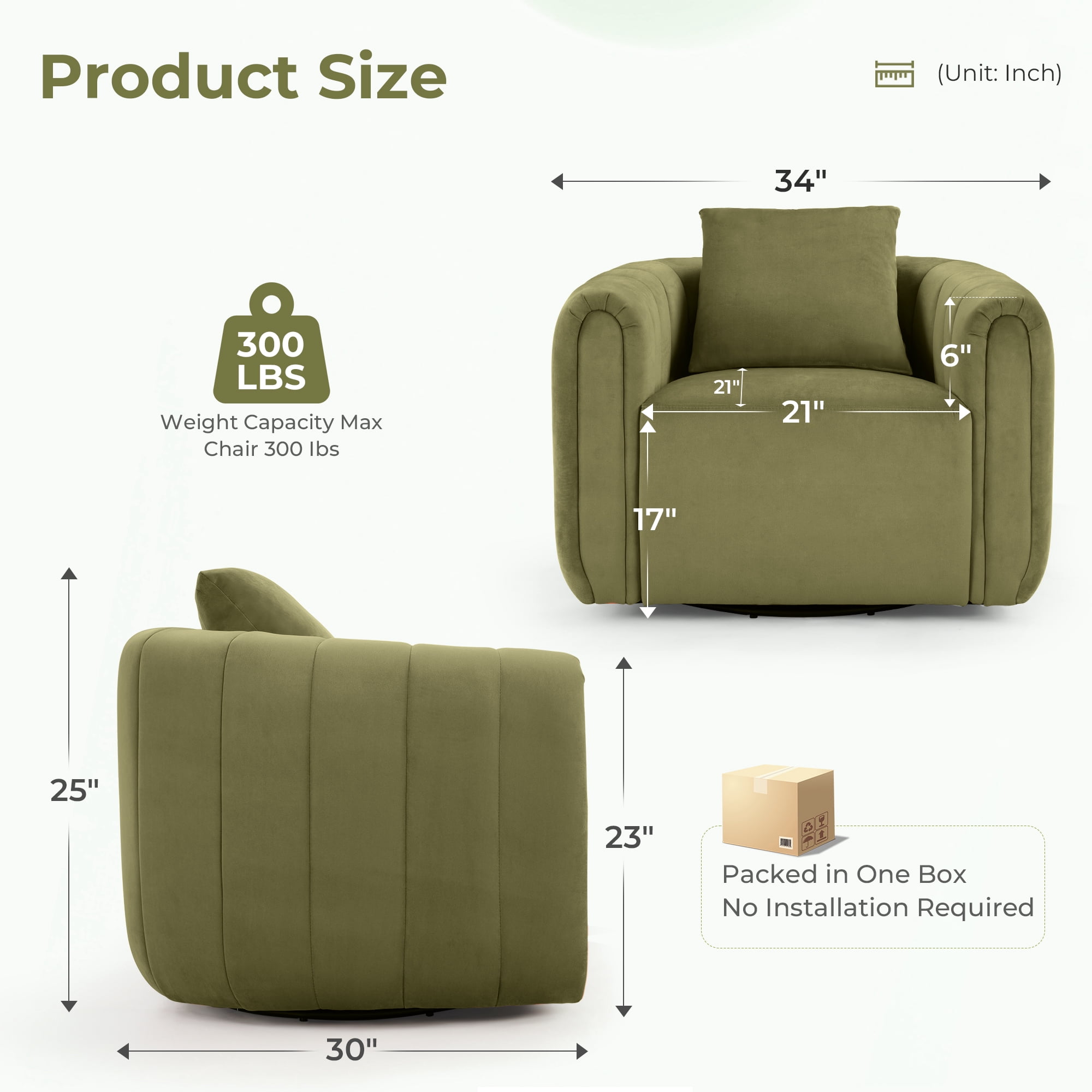 Ebello  Swivel Accent Chair, Modern Velvet Living Room Chair with Pillow, Barrel Chair for Bedroom & Reading Corner (Green，1 Pack，Fully Assembled )
