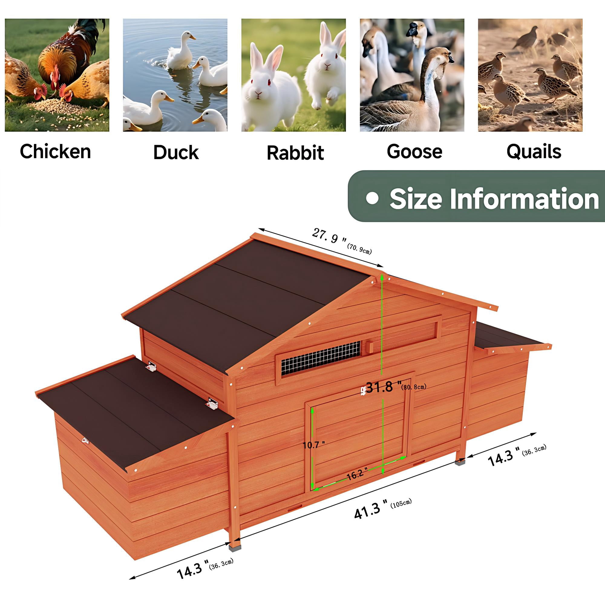 Aukfa 70" Large Chicken Coop Wooden 4 Nesting Boxes Chicken Cage for Outdoor, Backyard, Brown