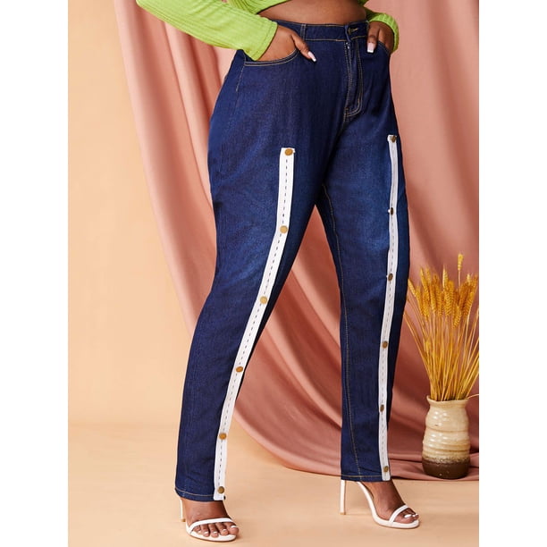Jeans Talla Extra Ajustados Abotonado Cinta Frontal Rosegal Vaqueros de talla grande