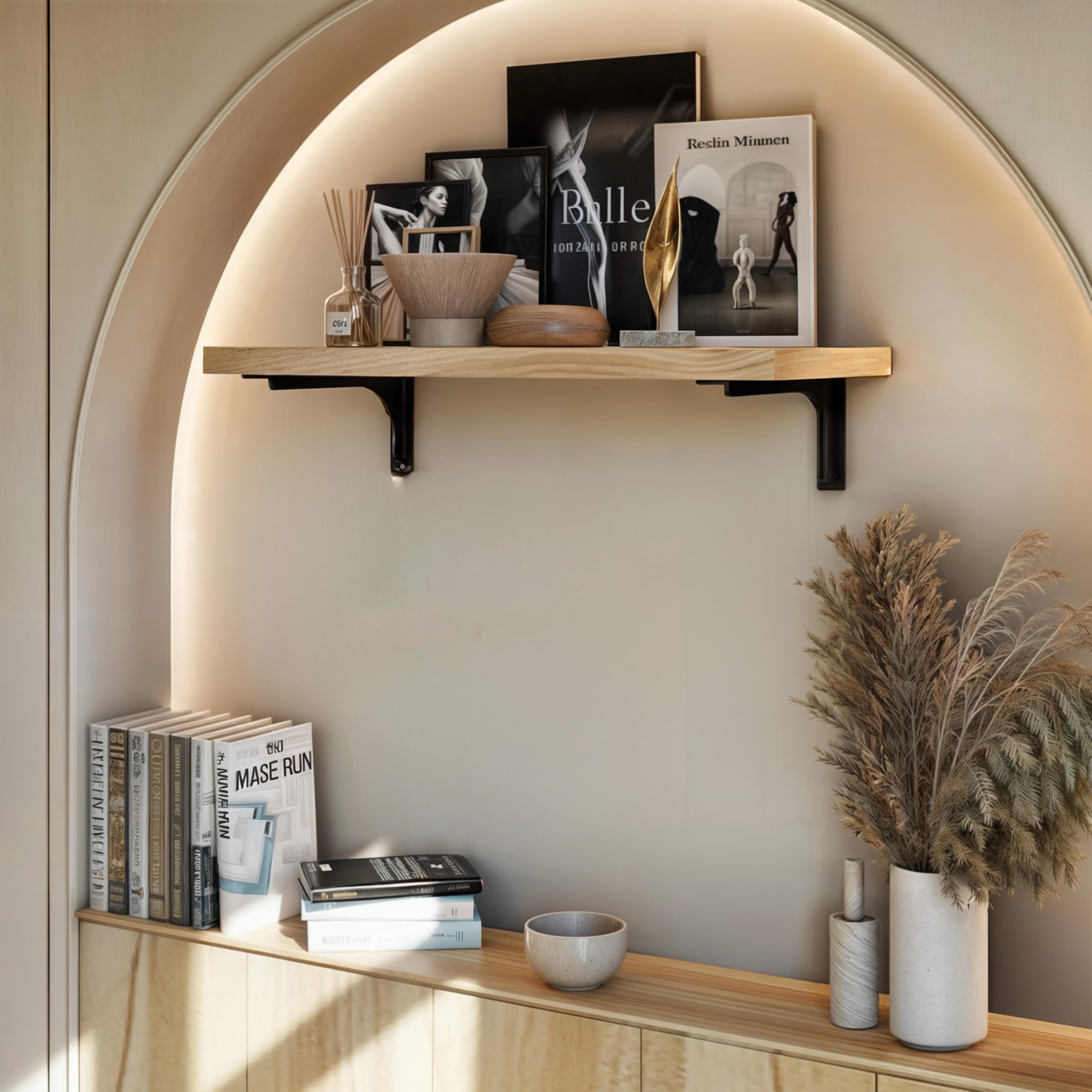 16" Shelf Brackets With Beam (4pcs) - L Black Hook For Floating Shelves Wall Mounted Support Diy Open Shelving Mounting Hardware Included (pack 4) (4  16 Inch)
