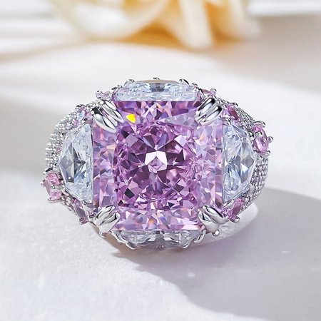HHH Jewelry New S925 Sterling Silver 12*12 High Carbon Diamond Pink Pink Diamond Shang Hao Inlaid Ring Female
