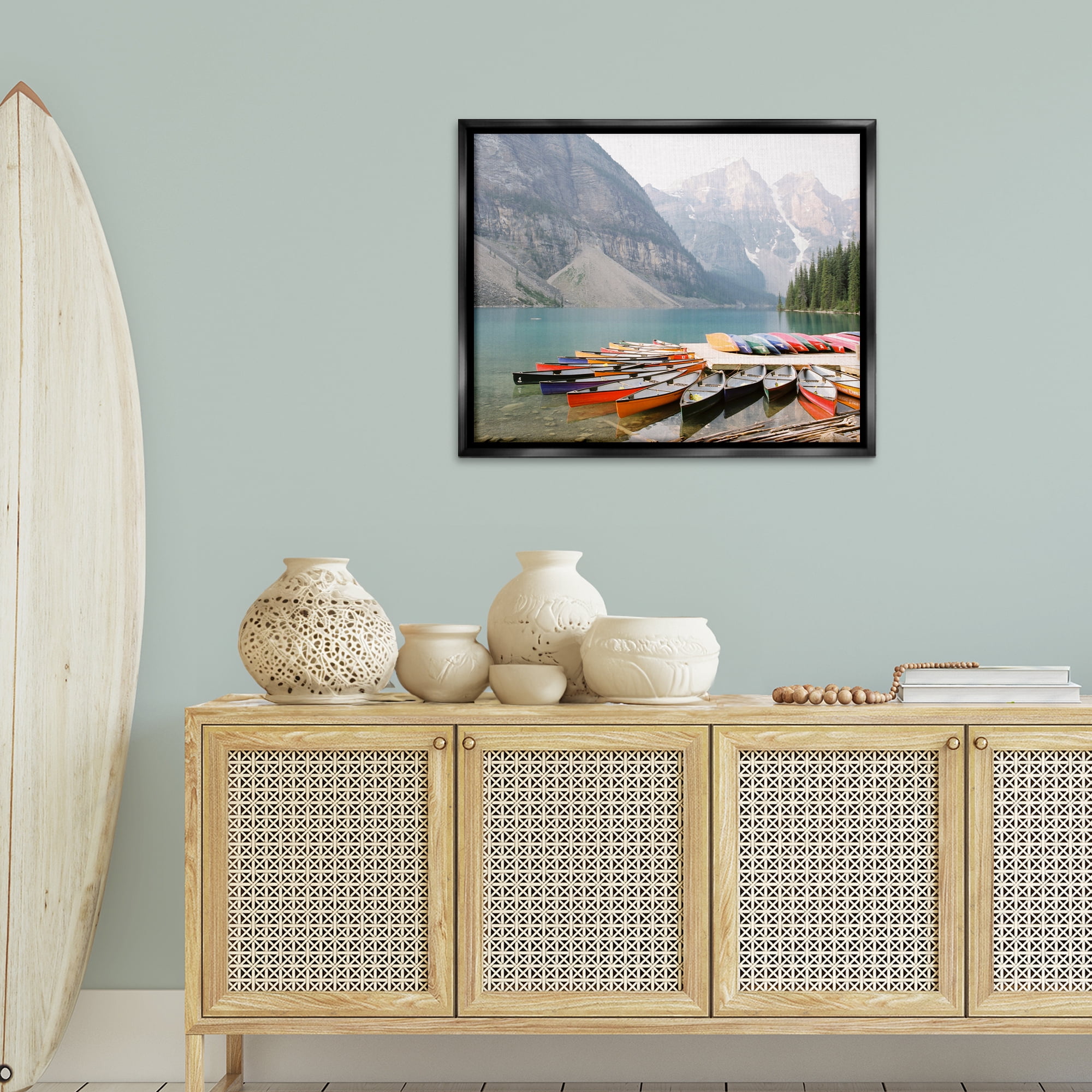 Stupell Industries Cliffside Canoe Dock Landscape Photography Black Floater Framed Art Print Wall Art, 31 x 25