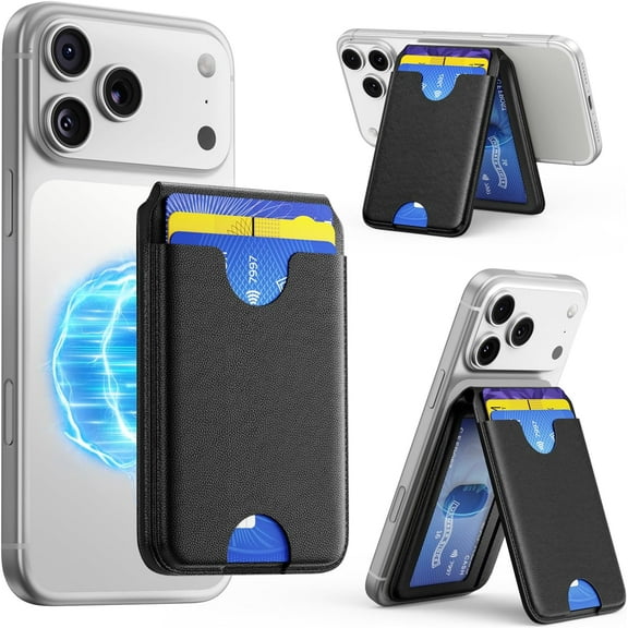 Stronger Magnetic MagSafe Wallet for iPhone All Series RFID Leather with Adjustable Stand 5 Card Holder Mag-Safe Accessories for iPhone 17/16/15/14/13/12 and Pro/Promax,Vegan Leather, Black