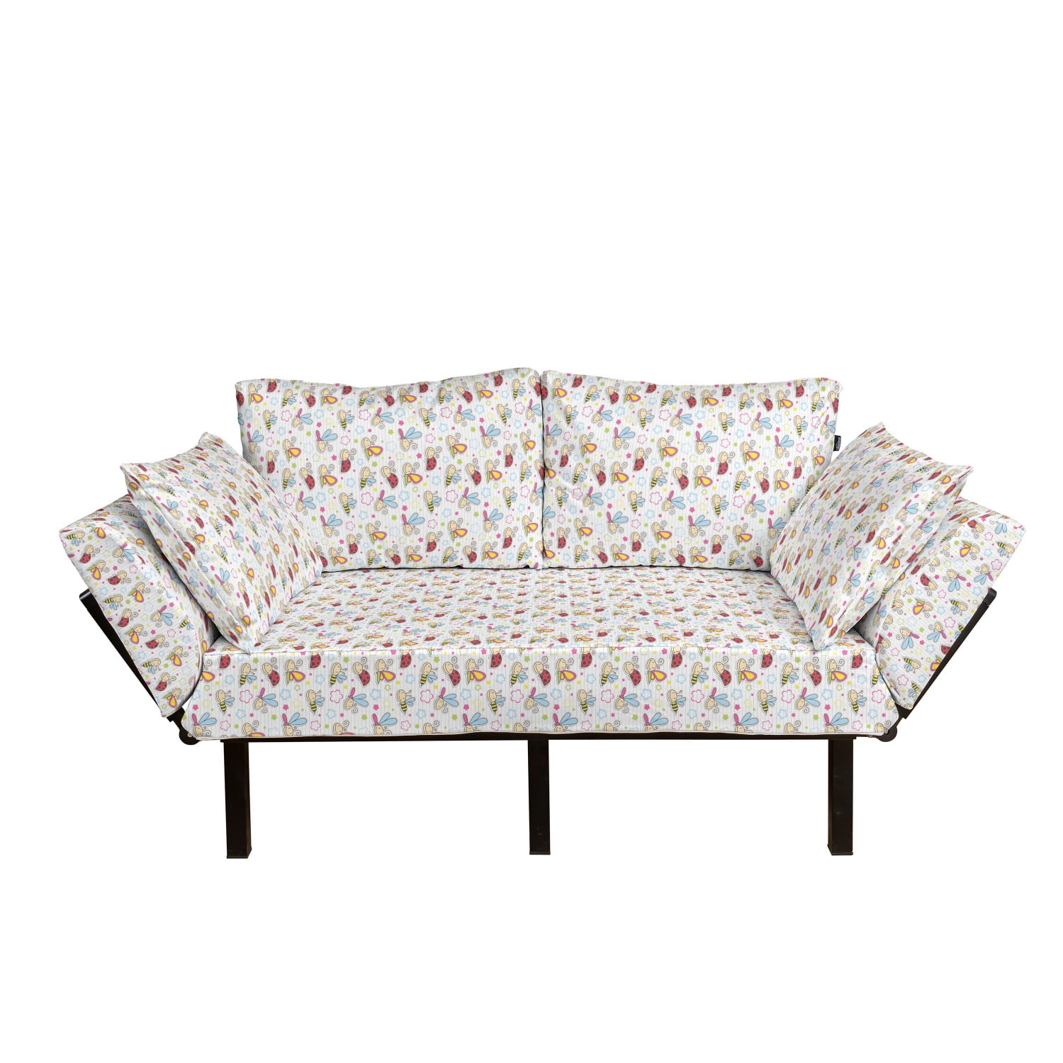 Cartoon Futon Couch, Bugs with Colorful Flowers Ladybugs Dragonflies