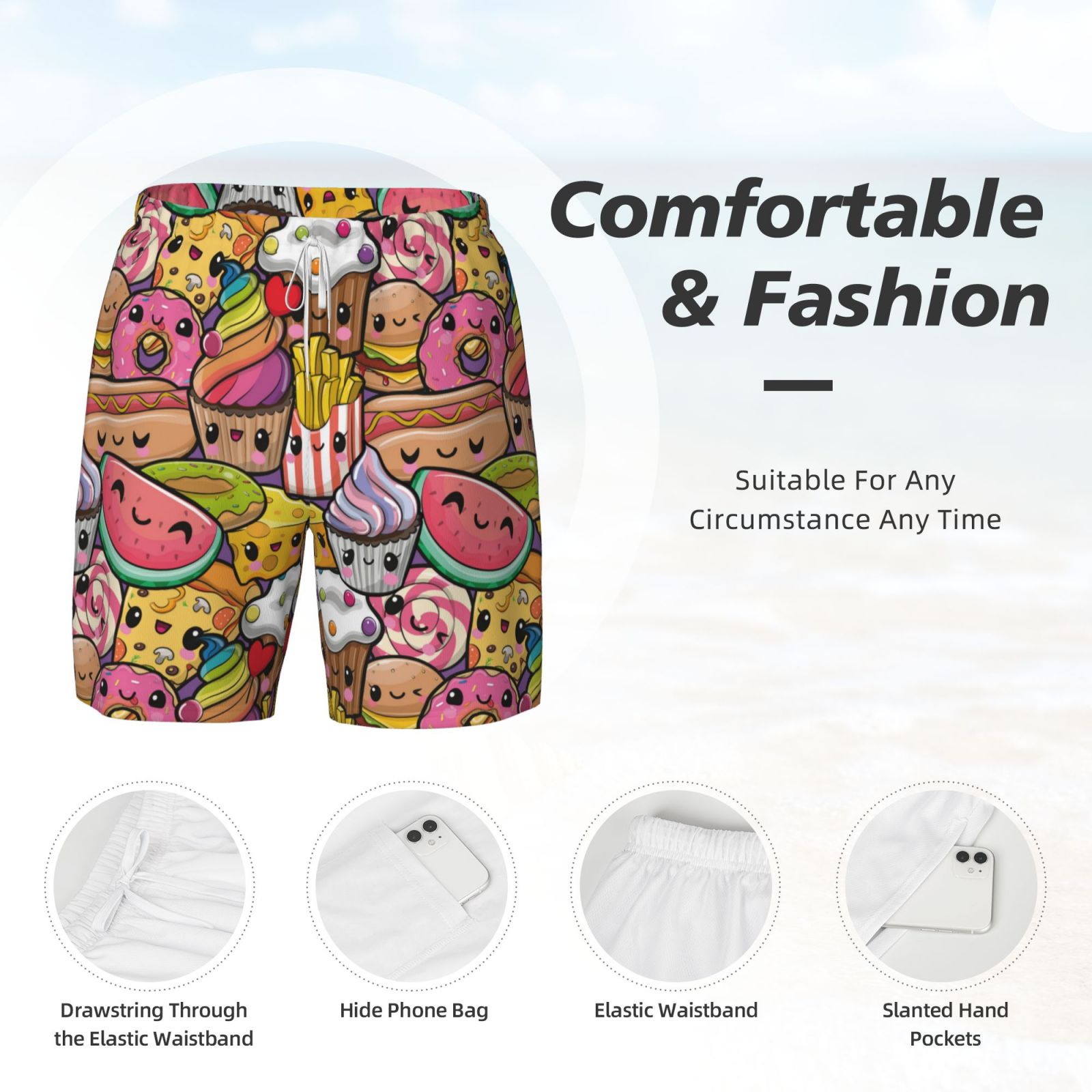 Xecao Fruit-Flavored Ice-Cream for Men's Swimming Trunks Swim Trunks Quick Dry Swim Shorts with Mesh Lining Funny Swimwear Bathing Suits